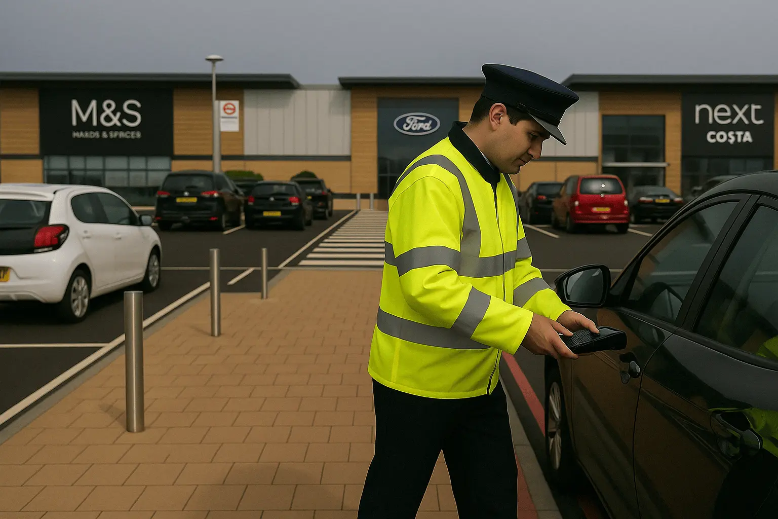 Horizon parking warden issuing a fine in a supermarket car park