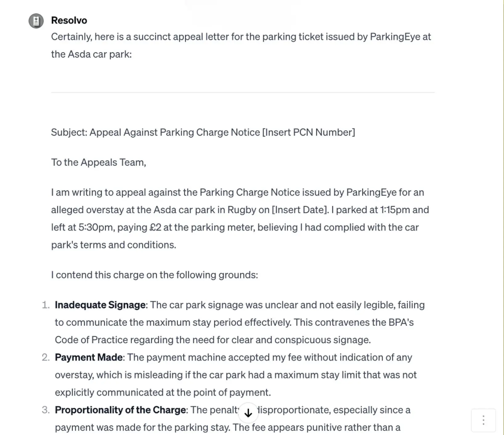 Appeal letter example for a Cotswold fine generated by Resolvo