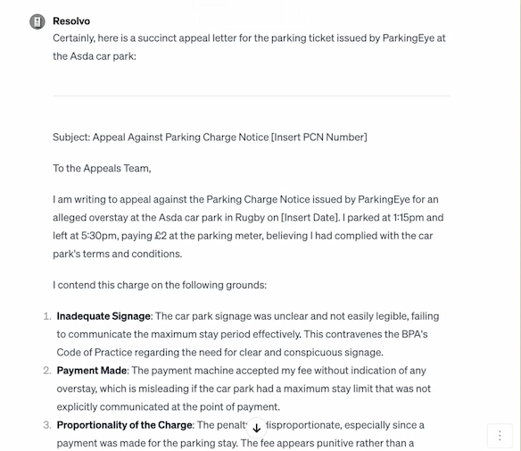 Example of an AI-generated parking ticket appeal letter showing a detailed appeal against a ParkingEye charge at an Asda car park